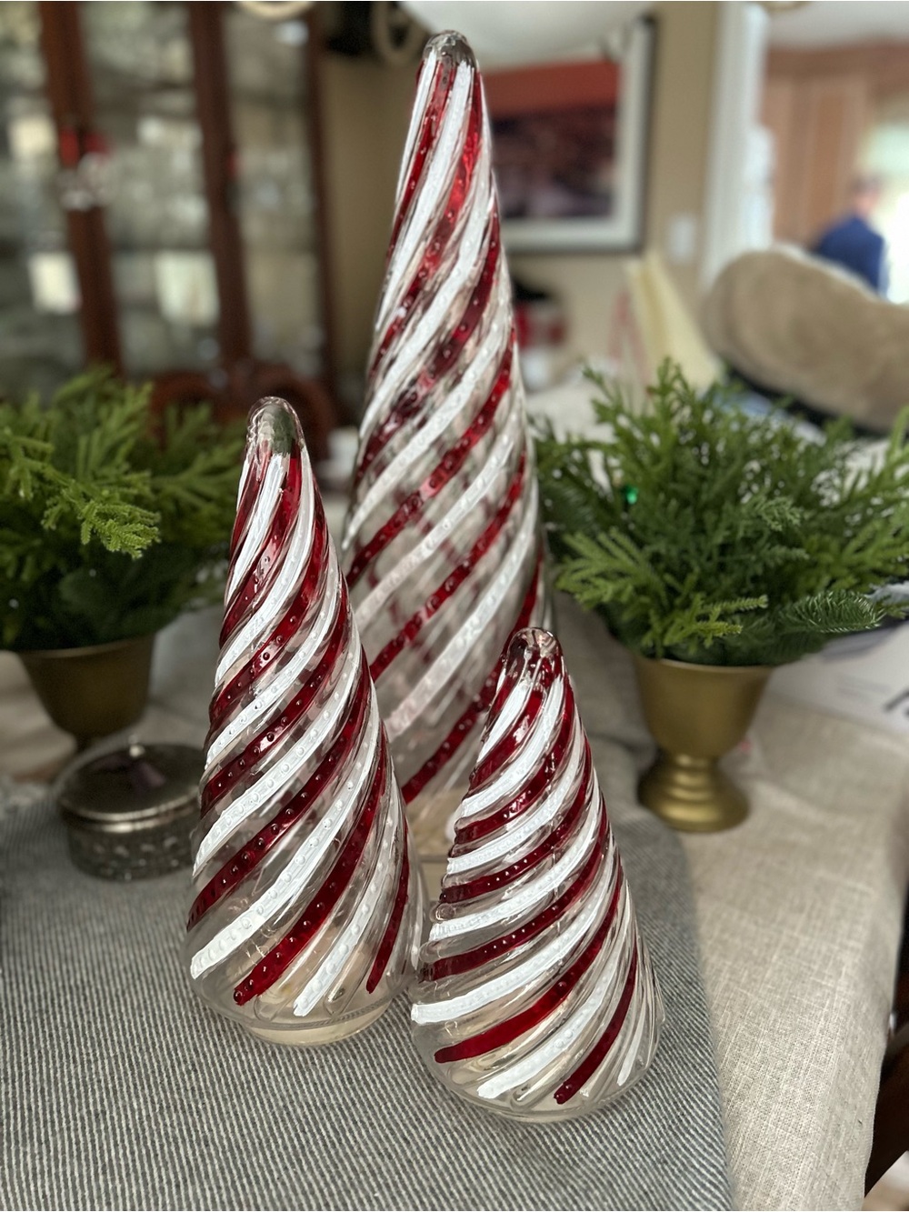 Set of 3 Candy Cane Swirl Lighted Glass Trees *NEW